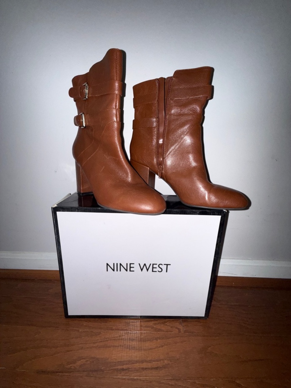 Nine West Cognac Brown Leather Mid-Calf Buckle Heeled Boots